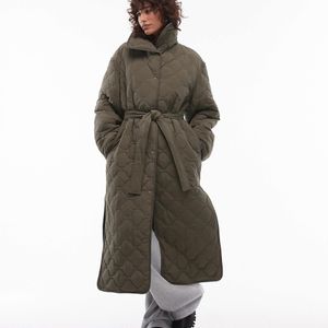 ARKET Green Down Quilted Oversized Midaxi Coat With High Neck And Split Sides