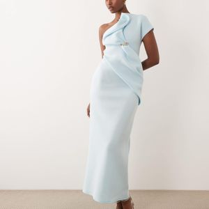 ASOS White Asymmetric One Shoulder Midi Dress With Trim