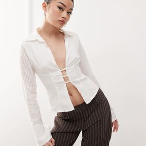 Princess Polly Natural 90s Textured Stripe Flare Sleeve Plunge Collared Shirt