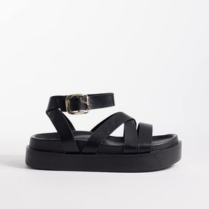SEQWL Wide Fit Black Strappy Flatform Sandals