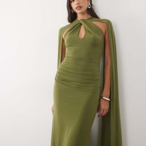 TFNC London Green Slinky Halter Neck Cape Sleeve Maxi Dress