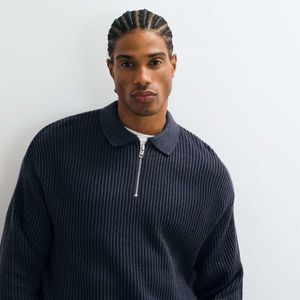 JJ Rebel Blue Ribbed Quarter Zip Polo Jumper for men
