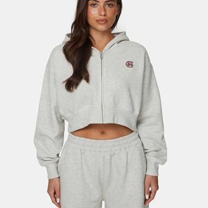 Good For Nothing Grey Cropped Zip Hoodie With Monogram