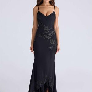 House Of Cb Blue Anastelle Hand Beaded Embellished Satin Maxi Dress