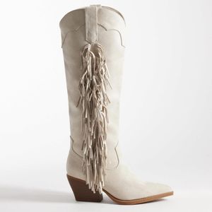 Glamorous White Western Fringe Knee Boots