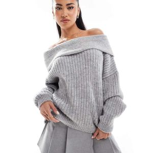ASOS Grey Oversized Knitted Off Shoulder Jumper