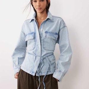 Gina Tricot Blue Cinched Waist Tie Front Denim Shirt