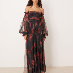 LACE & BEADS Off The Shoulder Balloon Sleeve Tulle Maxi Dress