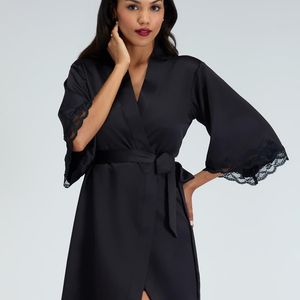 Boux Avenue Blue Amelia Matte Satin Short Robe Lace Trim Self Tie Nightwear