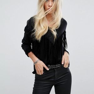 Replay Black Deep V-neck Knit With Tassels