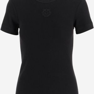 Pinko Black Stretch Cotton T Shirt With Love Birds Embroidery