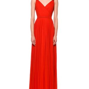 Alexander McQueen Red Pleated Maxi Gown W/leather Belt Straps