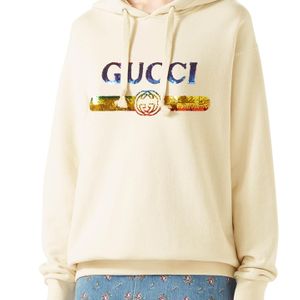 Gucci スパンコールロゴ フーデッド コットンスウェットシャツ
