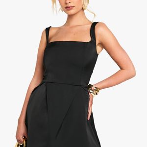 Boohoo Black Satin Square Neck Structured Mini Dress