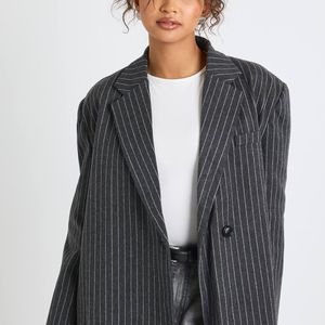 Boohoo Grey Wool Pinstripe Asymmetric Oversized Blazer