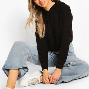 Boohoo Black Knitted Hooded Cropped Sweater