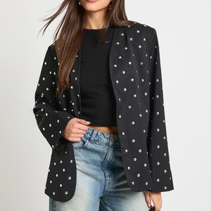 Boohoo Black Studded Collarless Oversized Blazer
