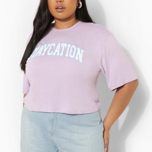 Boohoo Lila Womens Plus Staycation Slogan Crop T-Shirt