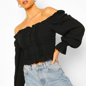 Boohoo Black Womens Woven Off The Shoulder Lace Trim And Ruffle Top