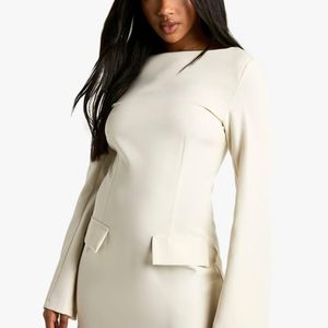 Boohoo Natural Long Sleeve Slash Neck Tailored Mini Dress