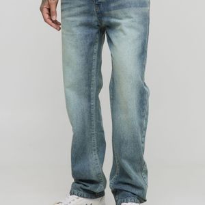 BoohooMAN Blue Tall Straight Leg Extreme Washed Woven Tab Jeans for men