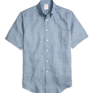 Brooks Brothers Blue Madison Fit Check Linen Short-sleeve Sport Shirt for men