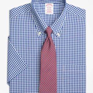 Brooks Brothers Blue Madison Classic-fit Dress Shirt, Non-iron Framed Check Short-sleeve for men