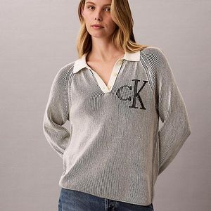 Calvin Klein Grey Jeans Two Tone Knit Polo Jumper