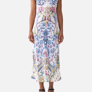 Camilla White Gathered Bodice Bias Midi Dress
