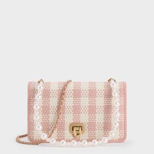 Charles & Keith Natural Alessia Checkered Pearl-Embellished Wallet On Chain