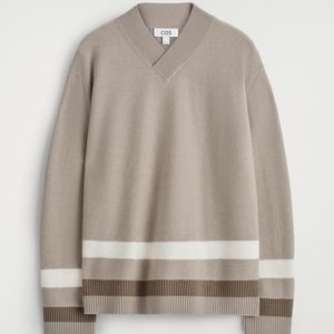COS Natural Striped Boiled-Wool V-Neck Jumper for men