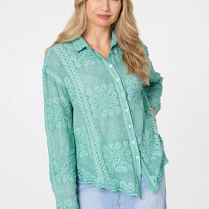Izabel London Blue Embroidered Textured Long Sleeve Shirt