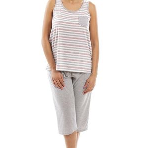 CAMILLE Grey Lightweight Striped Capri Bottom Pyjama Set
