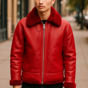 Infinity Leather Red B3 Bomber Raf Aviator Sheepskin Jacket -Sibasa for men