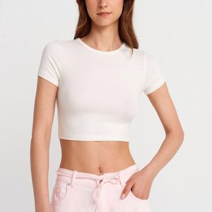Dilvin White Crop Slim-Fit Crew Neck T-Shirt