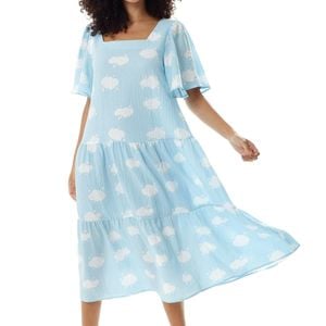 Liquorish Blue Cloud Print Midi Smock Dress