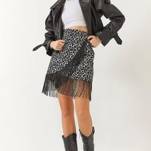 Bianco Lucci Black Textured Patterned Mini Skirt With Tassel & Tie Closure