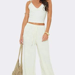 EGO White Wide Leg Drawstring Woven Low Rise Trousers