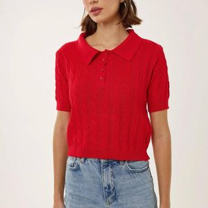 Hiccup Red Shirt Collar Knit Top With Hair Braid Pattern