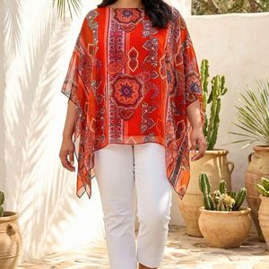 Roman Red Curve Ikat Paisley Asymmetric Overlay Top