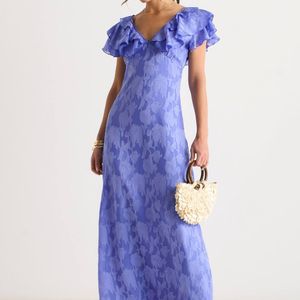 Gini London Blue Satin Jacquard Ruffle Maxi Dress