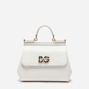 Medium Calfskin Sicily Bag With Iguana Print And Dg Crystal Logo Patch Dolce & Gabbana de color Blanco