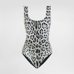 Dolce & Gabbana White Leopard- One-Piece Racing Swimsuit