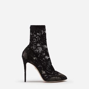Stretch Lace And Gros Grain Booties di Dolce & Gabbana in Nero