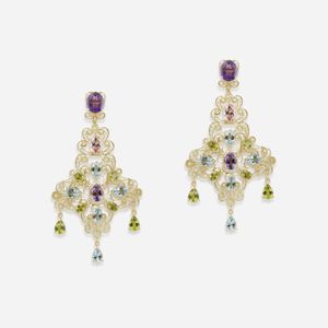 Dolce & Gabbana Weiß Pizzo earrings in yellow gold filigree with amethysts, aquamarines, peridots and morganites