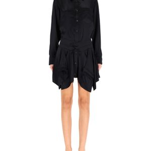 T By Alexander Wang Black Double Silk Chemisier Dress With Asymmetrical Draped Skirt