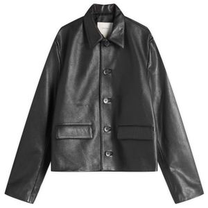 Second/Layer Black Button Through Leather Jacket for men