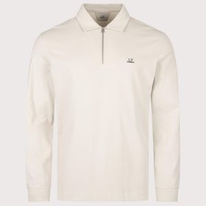 C P Company Natural Long Sleeve Stretch Piquet Zip Polo Shirt for men