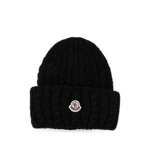 Moncler Black Cable-Knit Logo-Patch Beanie Hat
