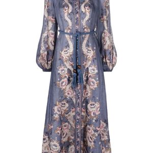 Zimmermann Purple Vitali Abstract-print Mandarin-collar Linen Maxi Dress
